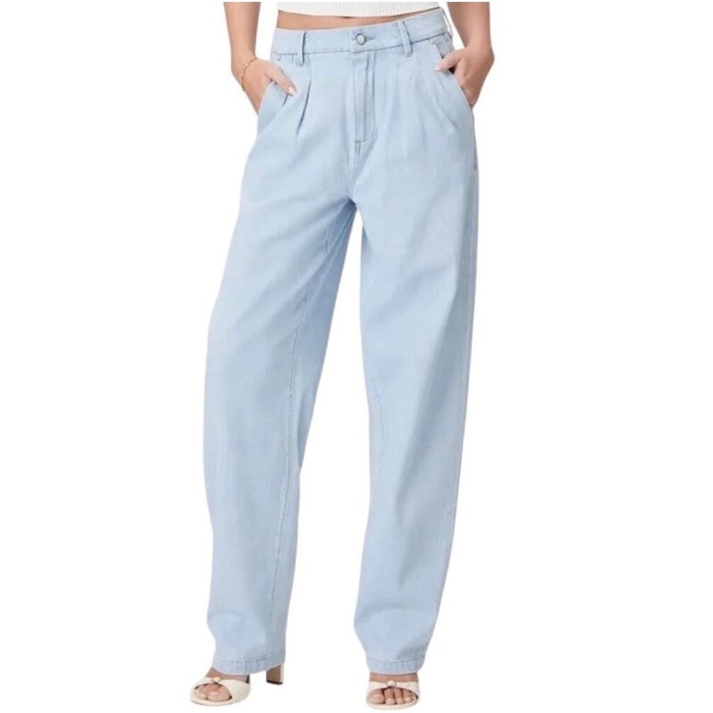 PAIGE Pleated Bella Trouser High Rise Wide Leg Jeans Beaumont Light Blue 32 EUC
